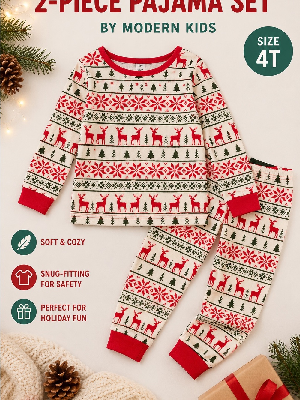 Red & Green Holiday Reindeer Pajama Set - 2-Piece